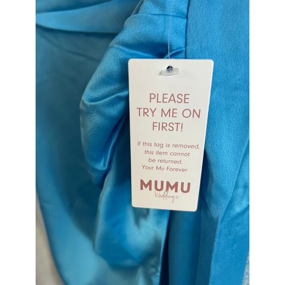 Show Me Your Mumu Jodie Dress in Azure Blue Luxe Satin S NWT - Picture 8 of 9